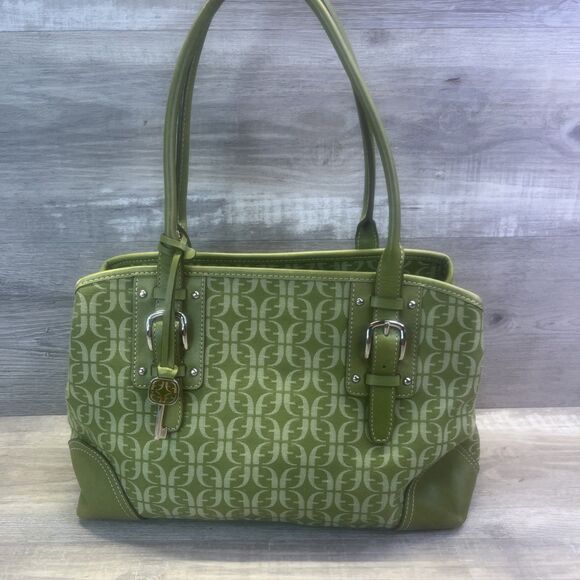 FOSSIL Green Signature Monogram Canvas Leather Purse Handbag Key Charm Y2K VTG - Picture 1 of 16